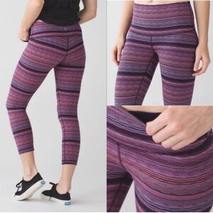 G19 Lululemon Crop Leggings Womens 6 Pink Multicolor Wunder Under Cyber Stripe